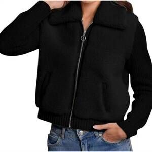 NEW ALASHAN CASHMERE merino & sherpa zip shaker sweater in black